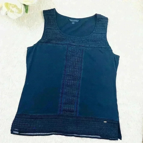 Tommy Hilfiger Navy Cotton Blend Sleeveless Embroidered Tank Top Blouse Size L - Picture 1 of 11